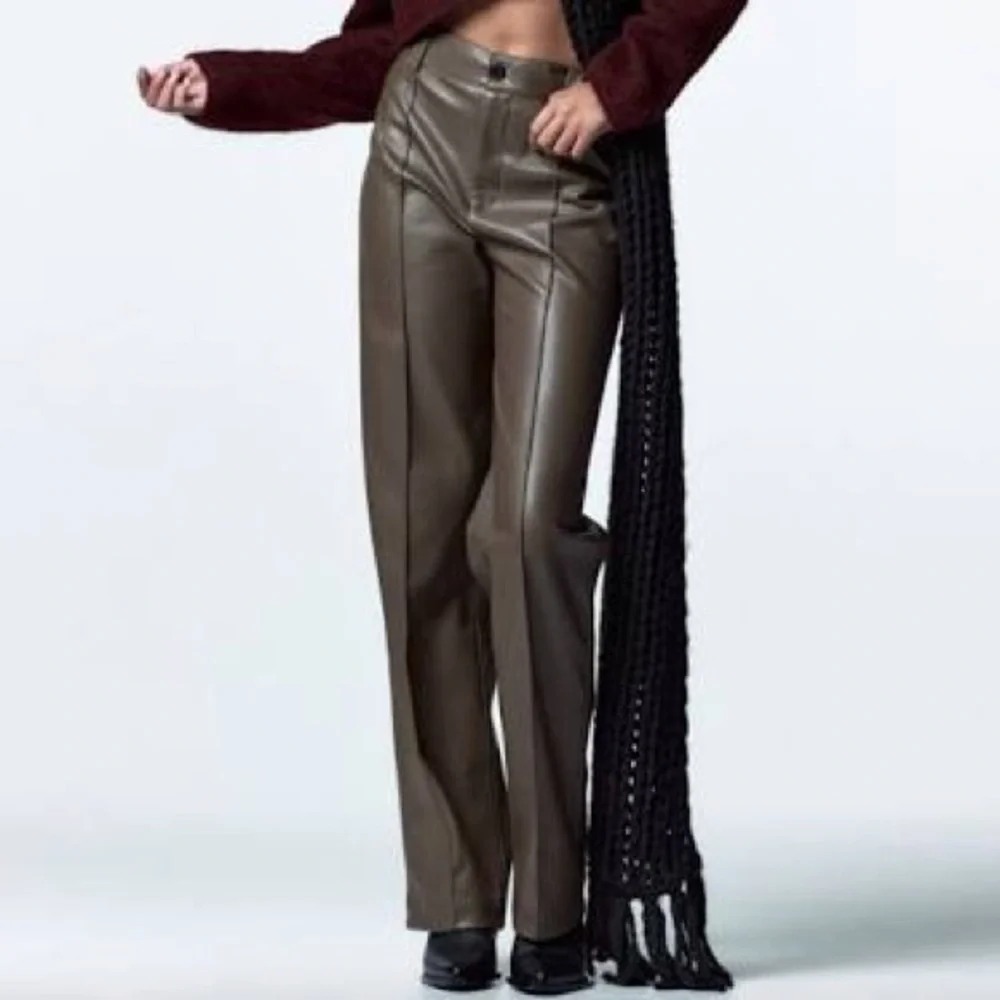 🍂 ZARA ASH BROWN FAUX LEATHER FULL LENGTH STRAIGHT LEG HIGH WAIST PANTS! - Picture 14 of 16
